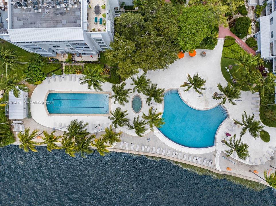 Waterfront community amenities featuring a lap pool, a free-form pool, a spa, expansive sun decks, and mature tropical landscaping