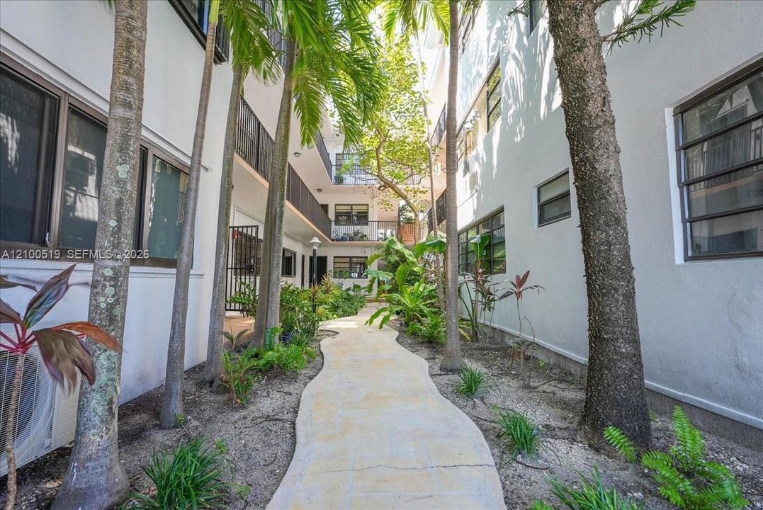 Winding paved walkway lined with mature palm trees and established tropical landscaping between multi-story structures featuring metal railings and horizontal window grids
