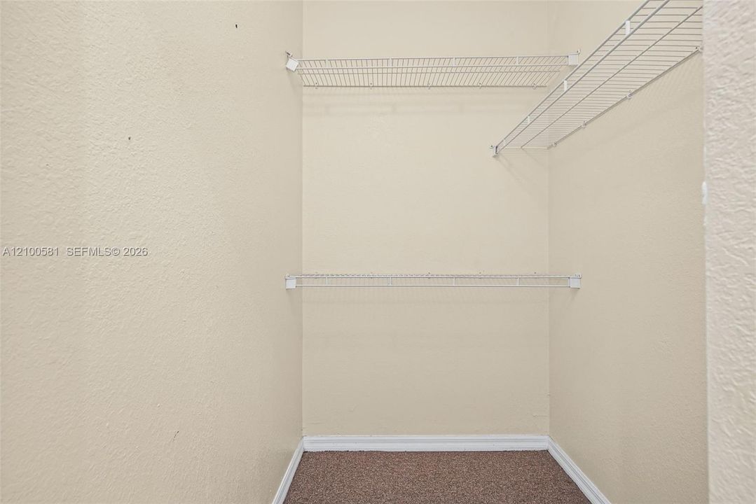 Storage space featuring wall-mounted wire shelving and carpeting