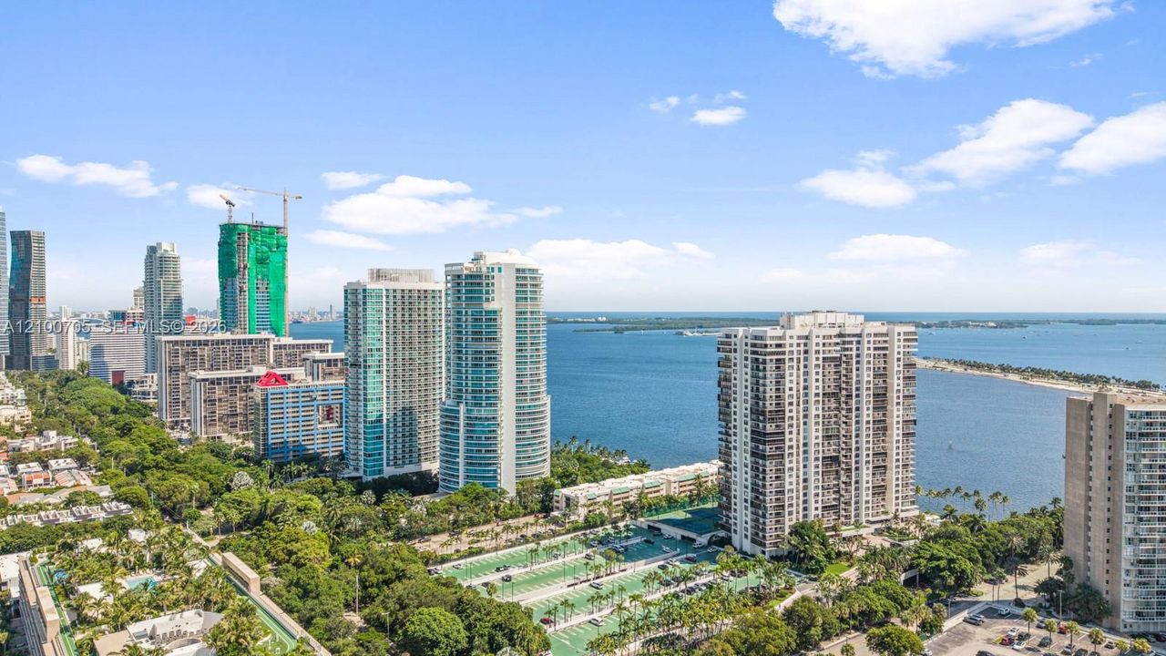 Aerial perspective showcasing metropolitan skyline, proximity to open water, dense tree canopy, and marina hardscaping