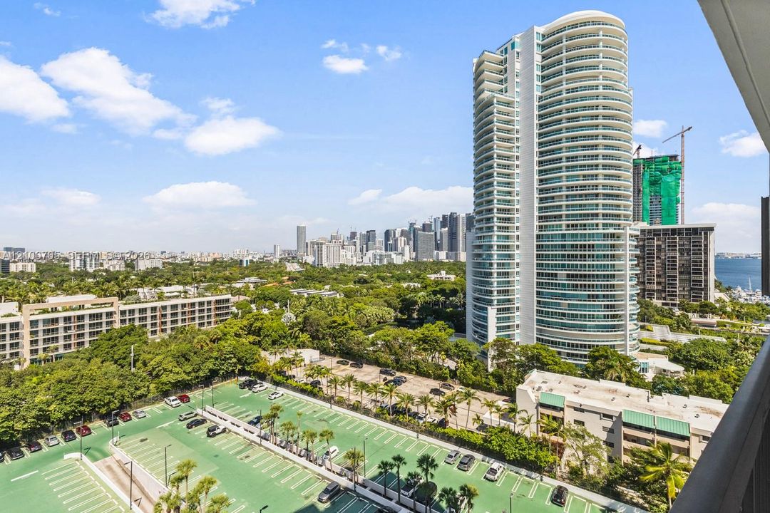 High-rise urban landscape featuring an expansive city skyline, mature canopy trees, and waterfront proximity