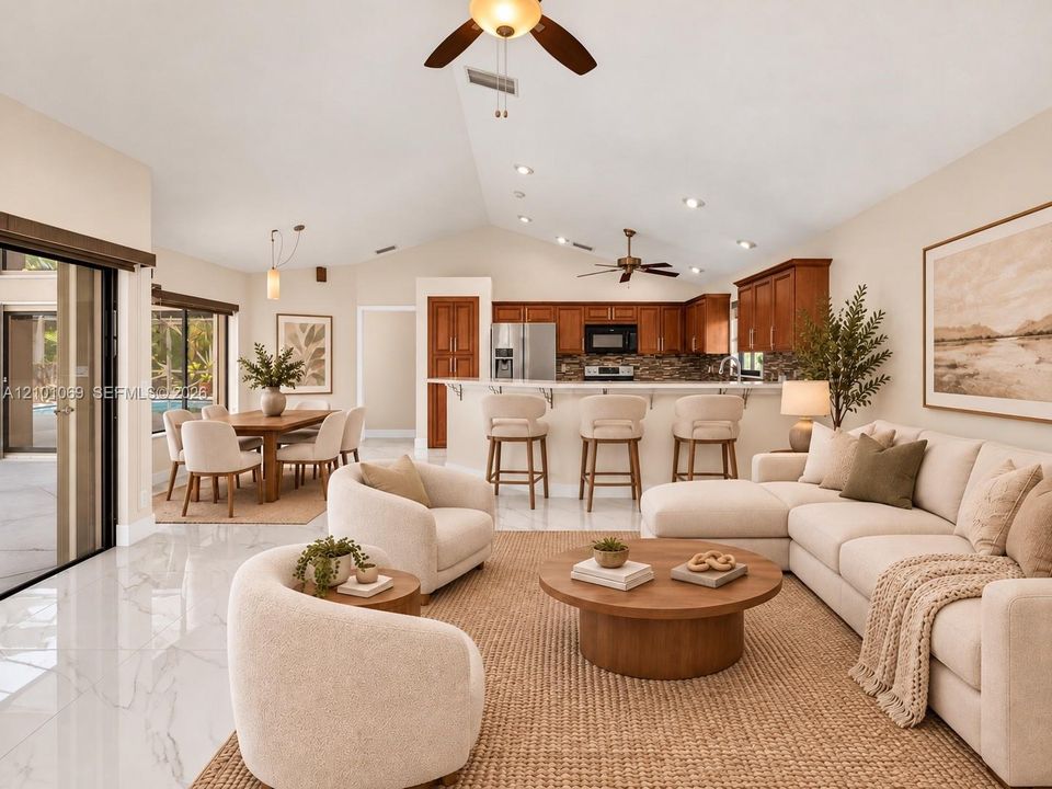 Vaulted ceilings, new LED recessed lighting, granite counter top, expansive, built-in cabinetry,  -virtually staged