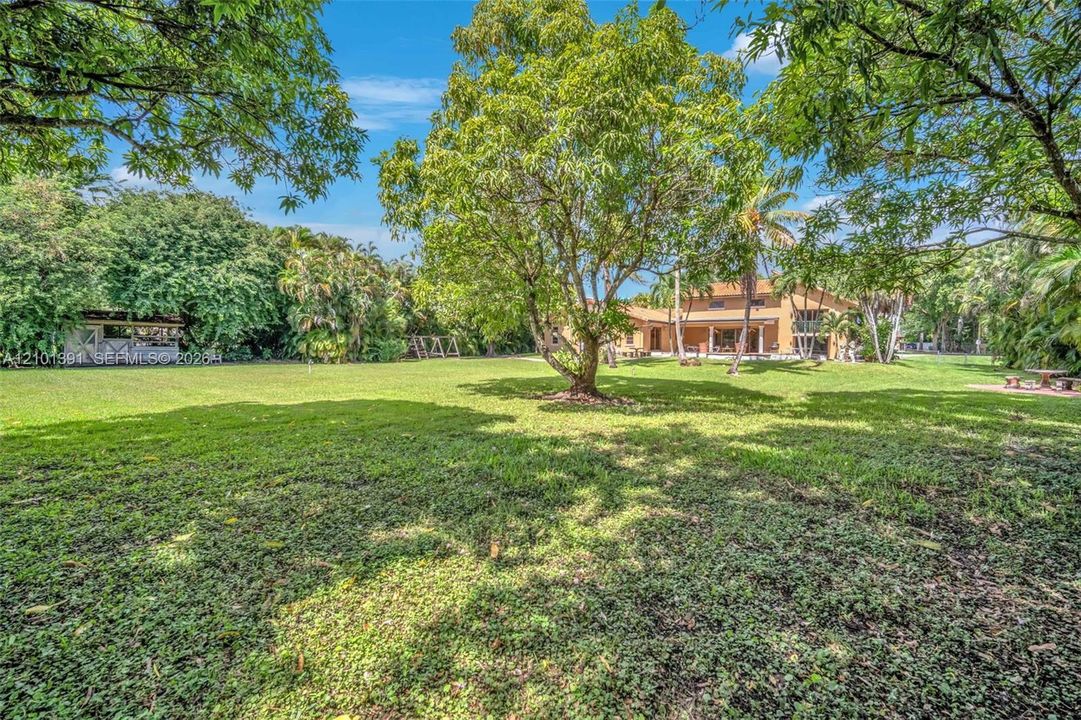 Expansive green space featuring a variety of mature trees and landscaping
