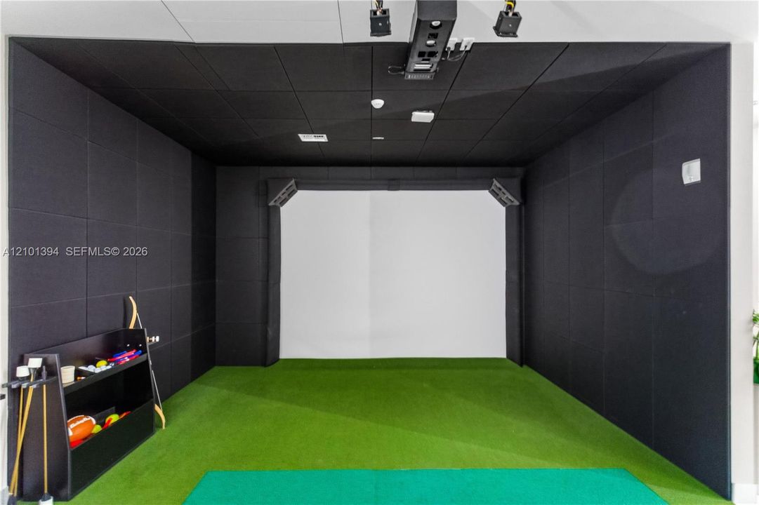Dedicated recreational room featuring sound-dampening wall and ceiling panels, integrated projector system, and artificial turf flooring