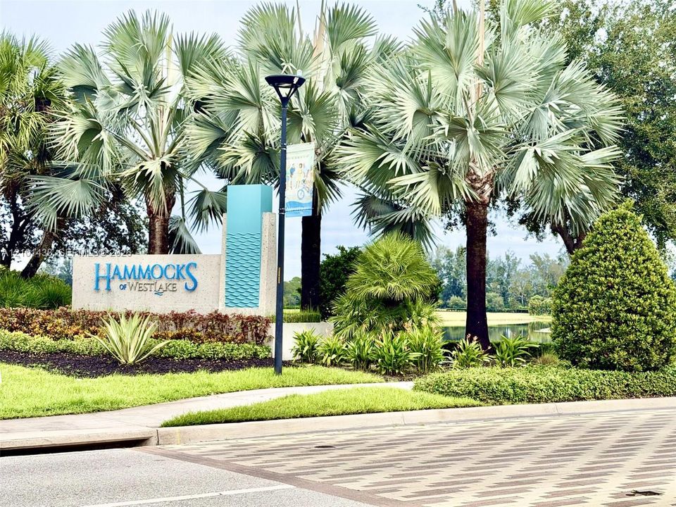 Paved entry with decorative brickwork, tropical landscaping, and mature palm trees