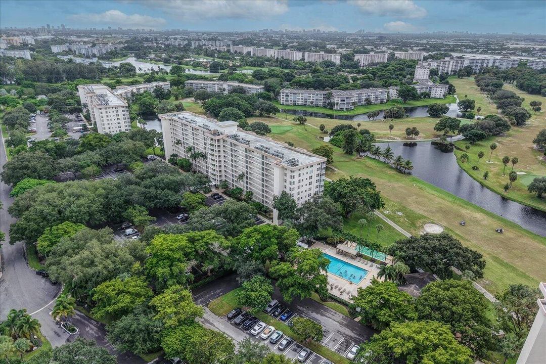 Pool directly next to building