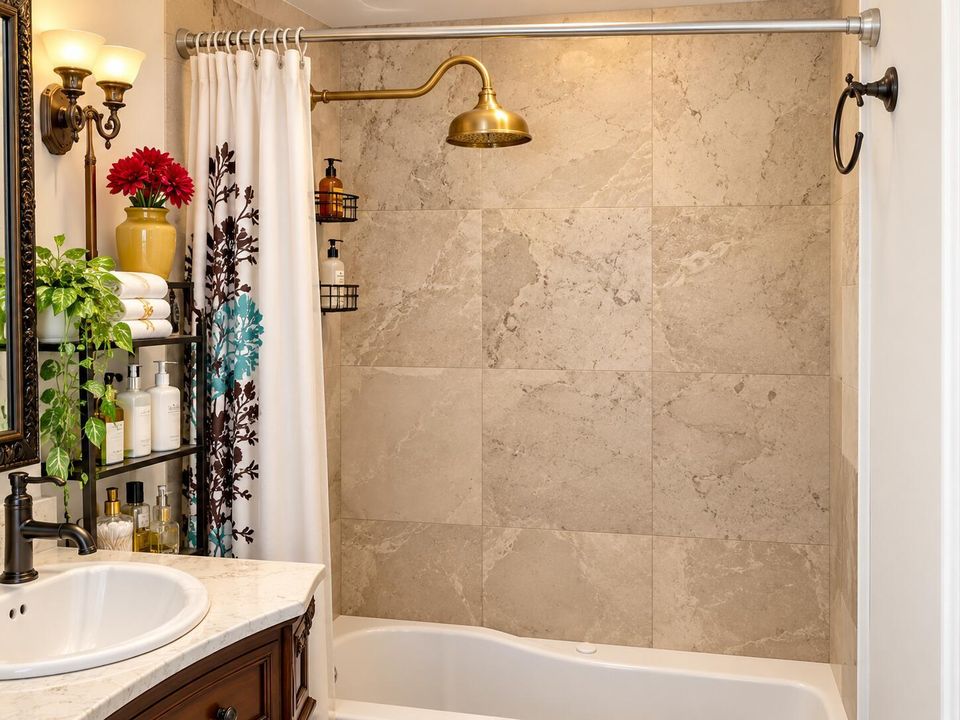 Elegant Brass-Accented Marble Bathroom
