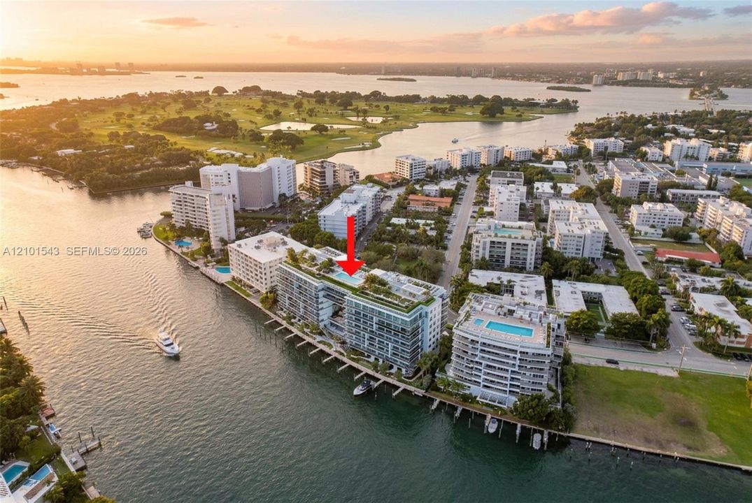 Waterfront mid-rise building featuring a rooftop pool, private boat slips, and balcony terraces