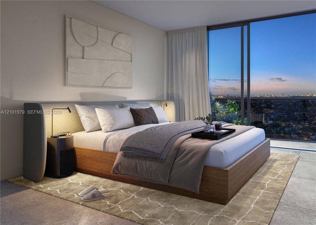 Floor-to-ceiling windows, neutral interior wall palette, stone-finish flooring, and recessed architectural lighting