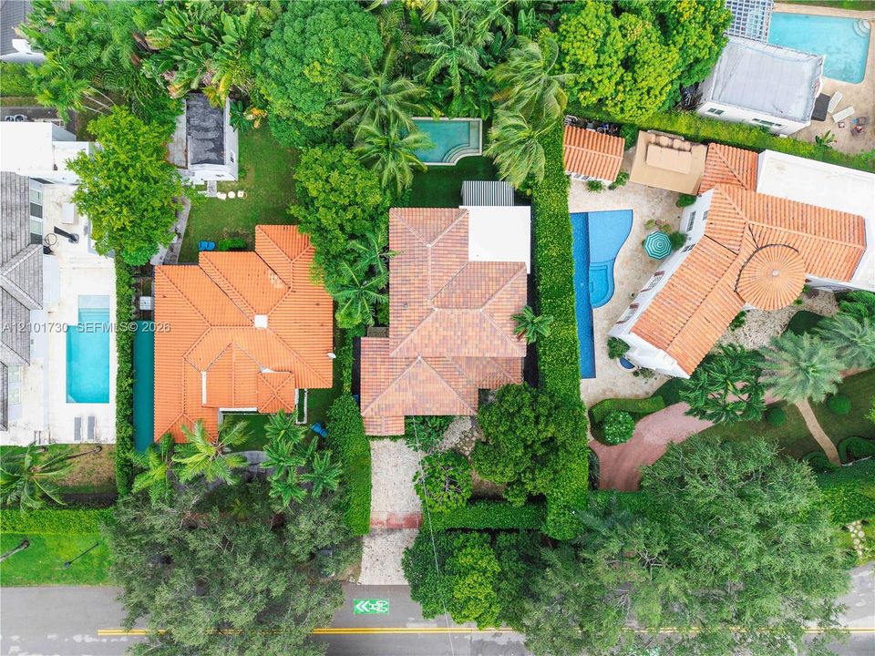 Aerial perspective featuring a multi-gabled terracotta tile roof, dense perimeter landscaping, and a rectangular in-ground swimming pool
