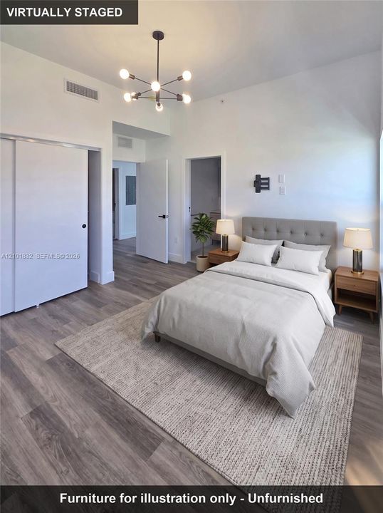 Wood-finish flooring, multi-arm geometric light fixture, and sliding door closet