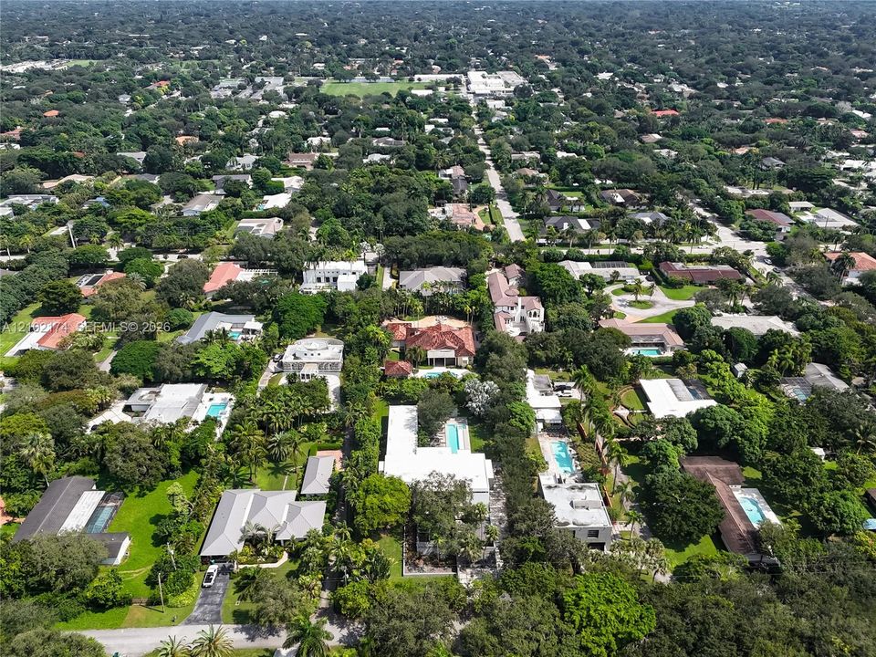 Aerial perspective of a low-density residential neighborhood characterized by mature tree canopy and established vegetation