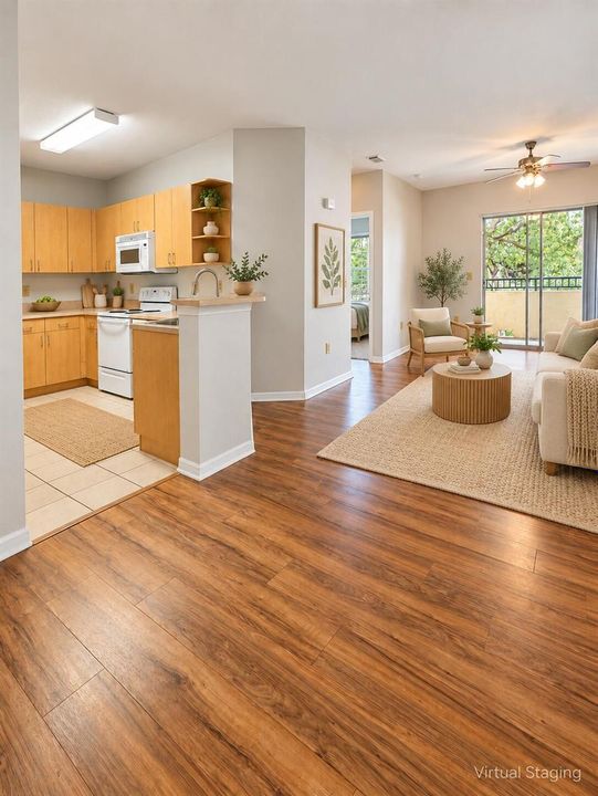Cozy neutral kitchen-living room staging