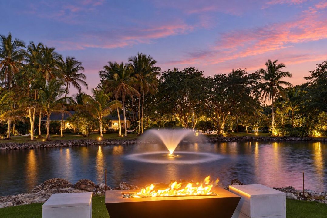 Lakeside Twilight with Fire and Fountain