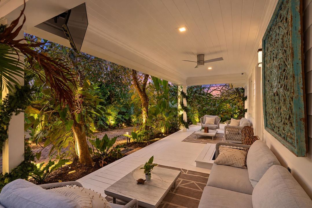 Twilight luxury porch in tropical garden