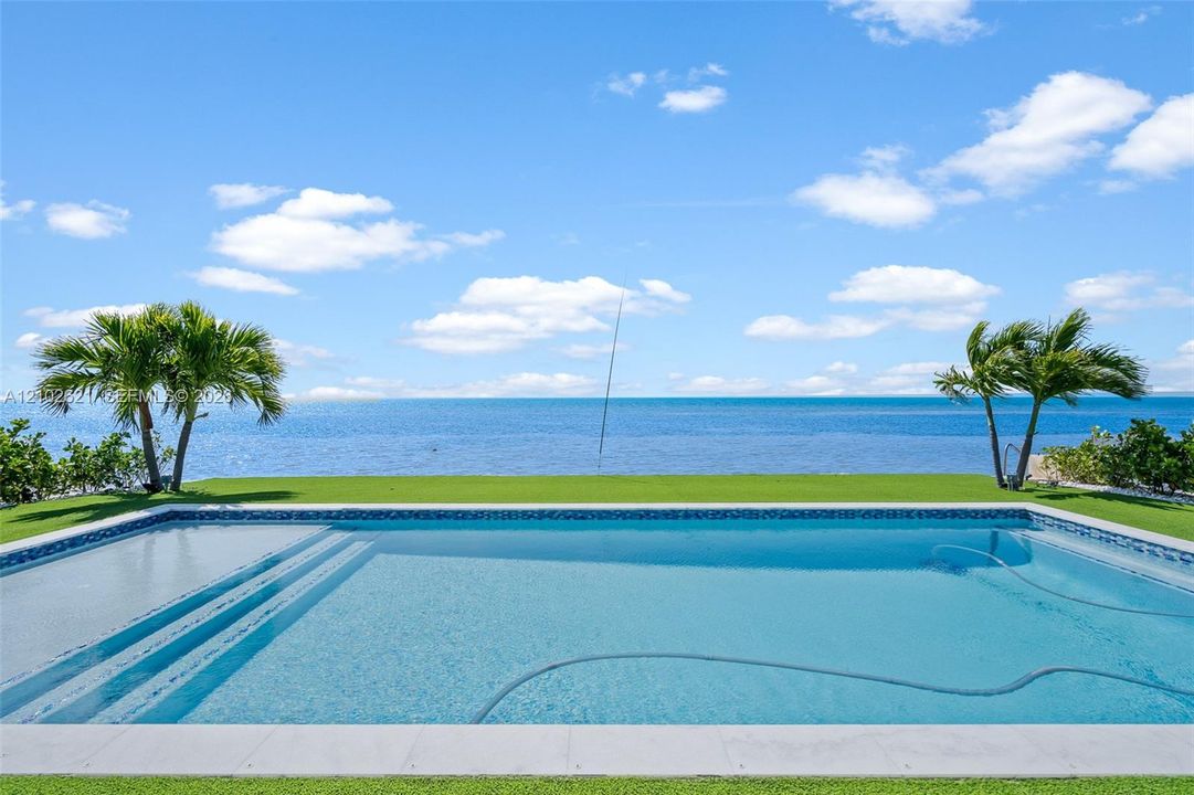 Outdoor swimming pool with integrated steps, surrounded by a green lawn and tropical foliage, set against a calm ocean backdrop