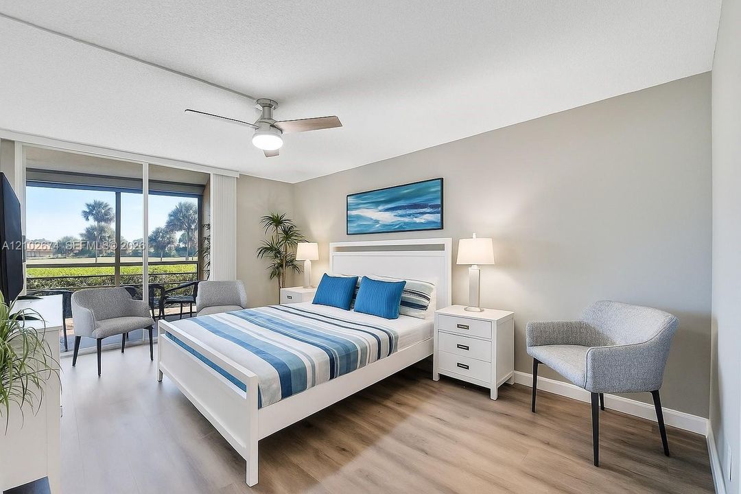 Virtually staged primary bedroom furniture