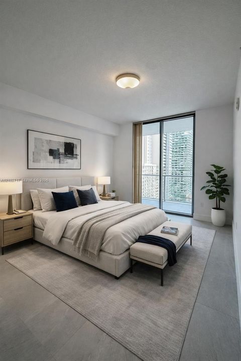 Neutral-toned interior space featuring expansive floor-to-ceiling glass sliding doors, a metal-railing balcony, smooth-finish flooring, and a flush-mount overhead light fixture
