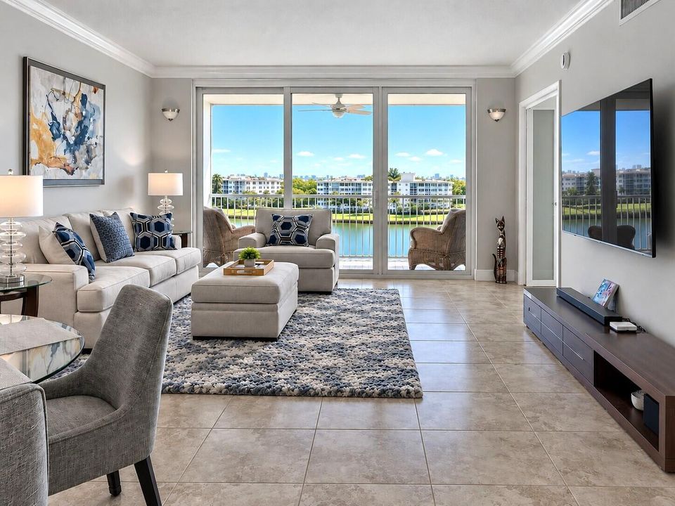 Cool-Toned Coastal Living Room with Wate