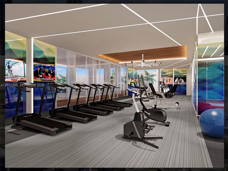 Fitness center featuring multiple treadmills, elliptical machines, and exercise bikes