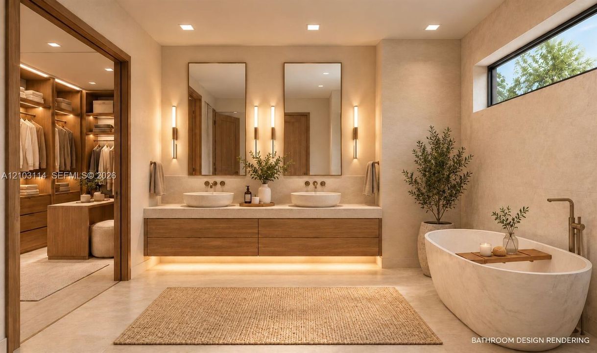 Floating vanity with dual vessel sinks, wall-mounted bronze faucets, integrated under-cabinet lighting, and a freestanding soaking tub