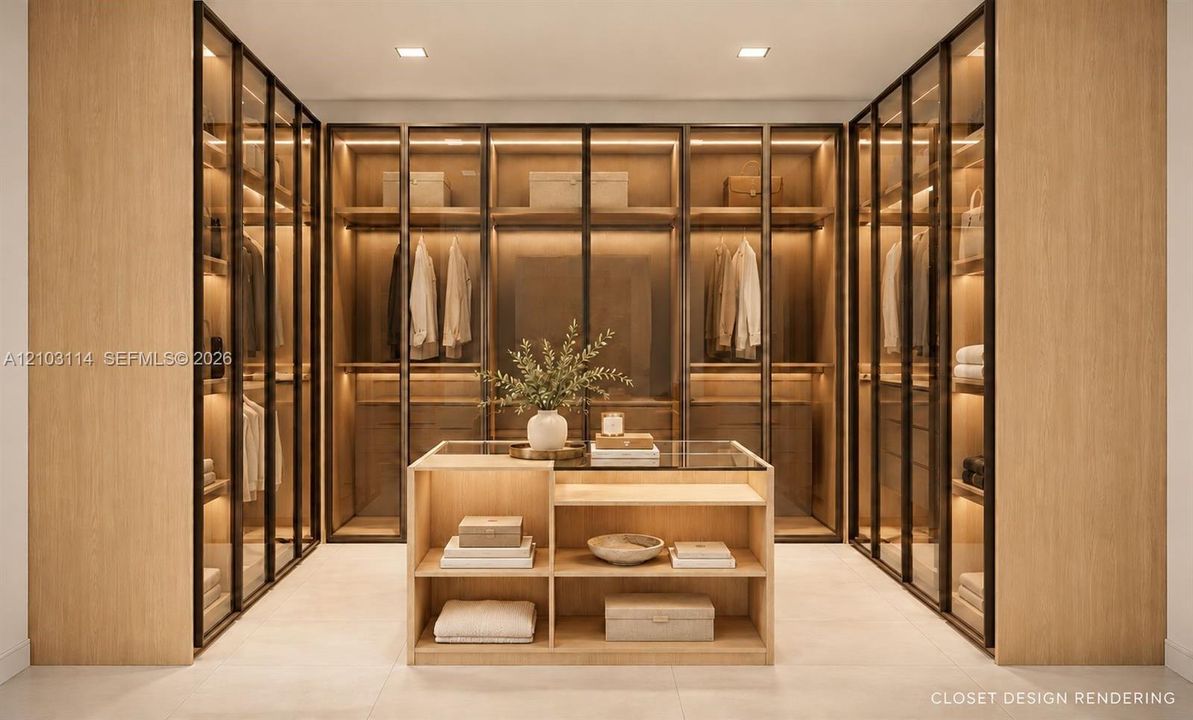 Custom walk-in storage featuring floor-to-ceiling glass-paneled cabinetry, integrated interior lighting, light wood-finish shelving, and a matching center island with a glass display top