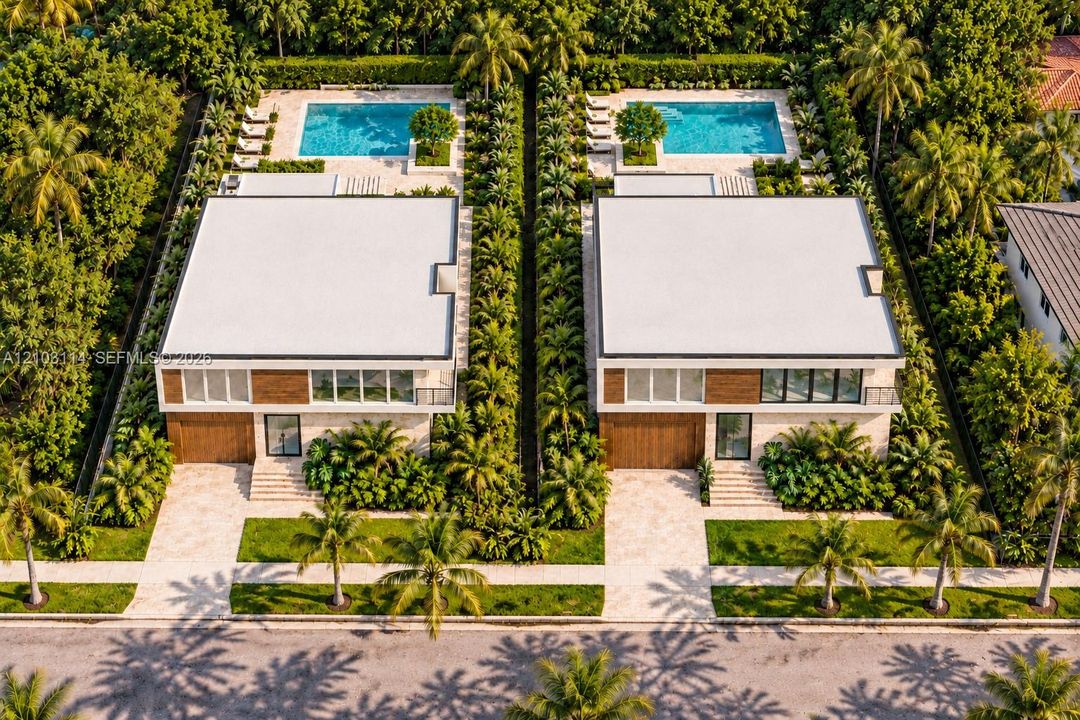 Modern residences featuring flat roofs, stone-clad exteriors, attached garages with wood-finish doors, and private rear swimming pools surrounded by mature landscaping