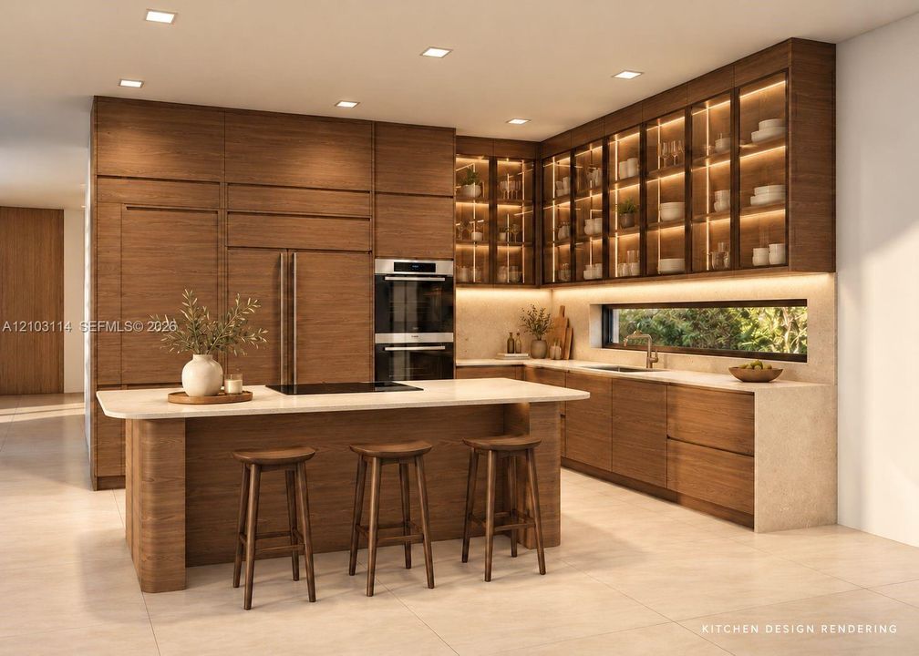Custom flat-panel wood cabinetry, quartz countertops, horizontal ribbon window, integrated wall oven, and built-in glass-front upper cabinets with internal lighting