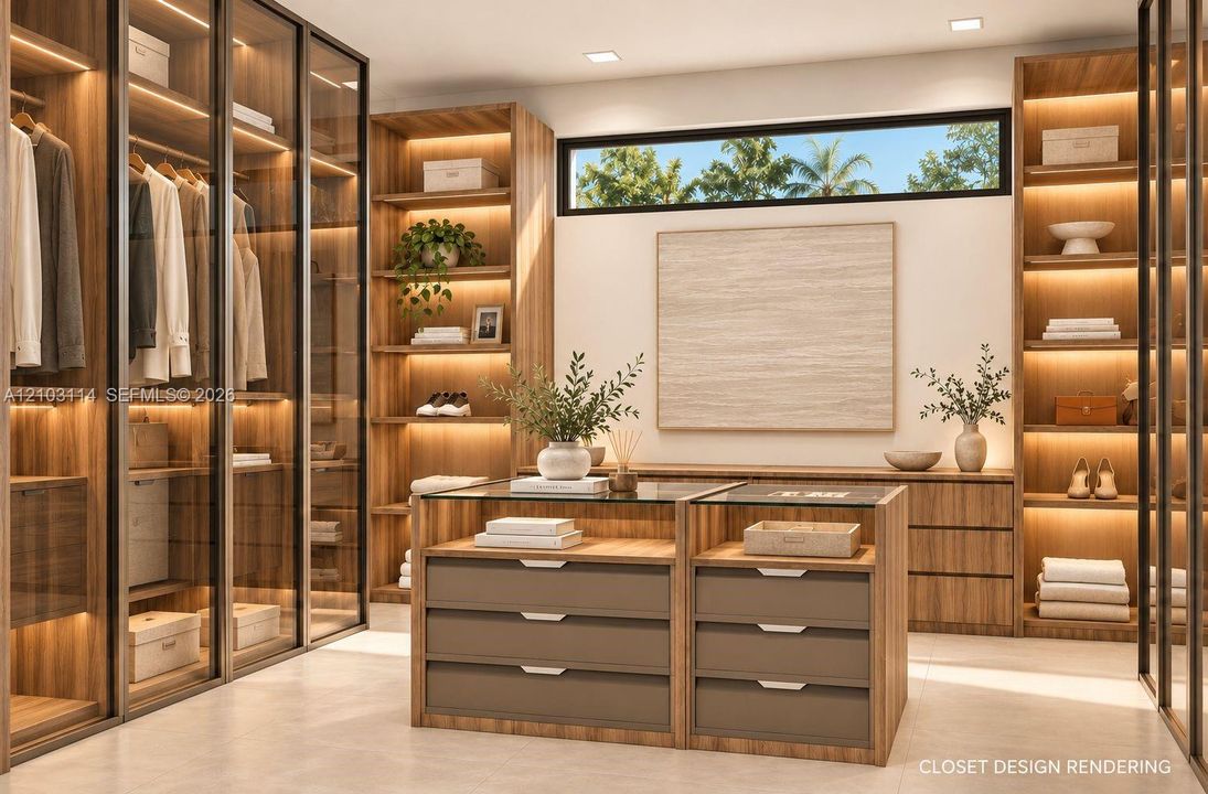 Custom dressing area featuring full-height glass-front cabinetry, integrated shelf lighting, a central island with glass-top surface, and high-set horizontal windows