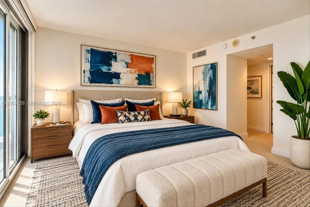 Neutral-toned walls, wall-to-wall carpeting, and floor-to-ceiling glass sliding doors