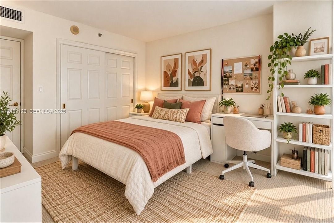 Neutral-toned carpeting, built-in shelving, and dual sliding closet doors with recessed handles