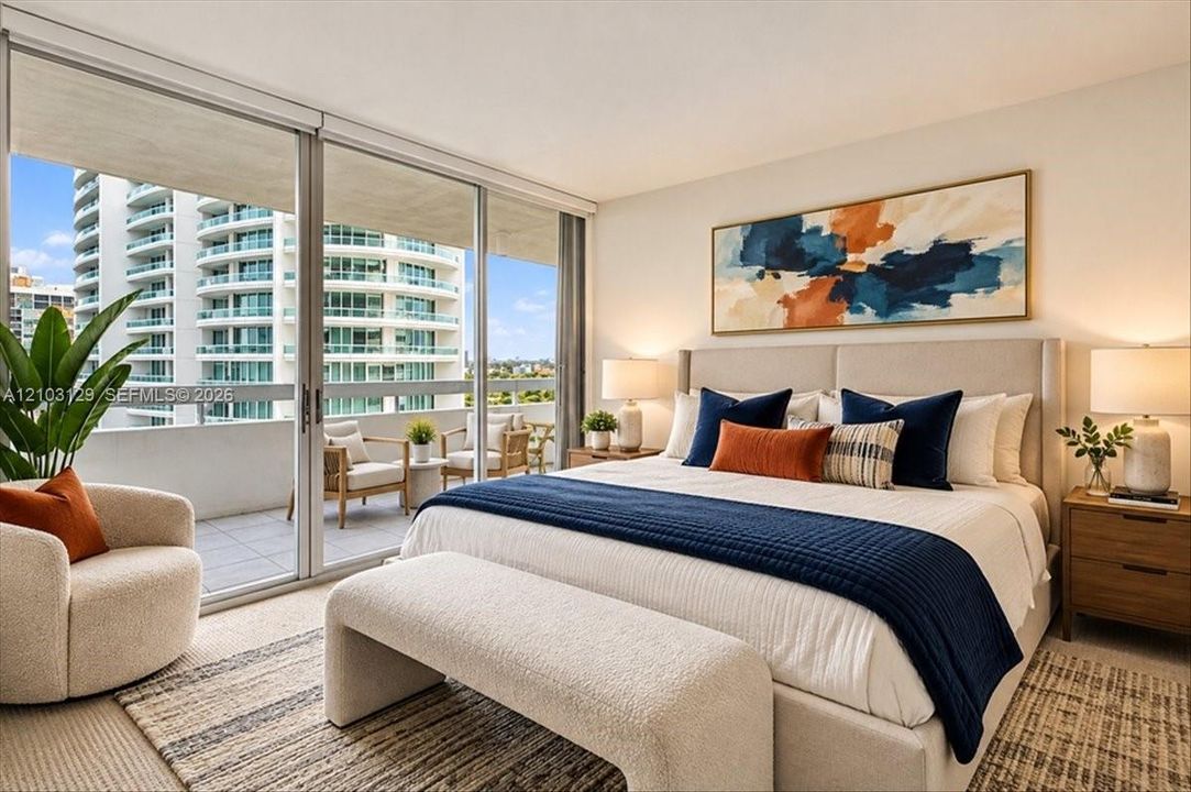 Floor-to-ceiling sliding glass doors opening to a private balcony, wall-to-wall carpeting, and neutral interior finishes