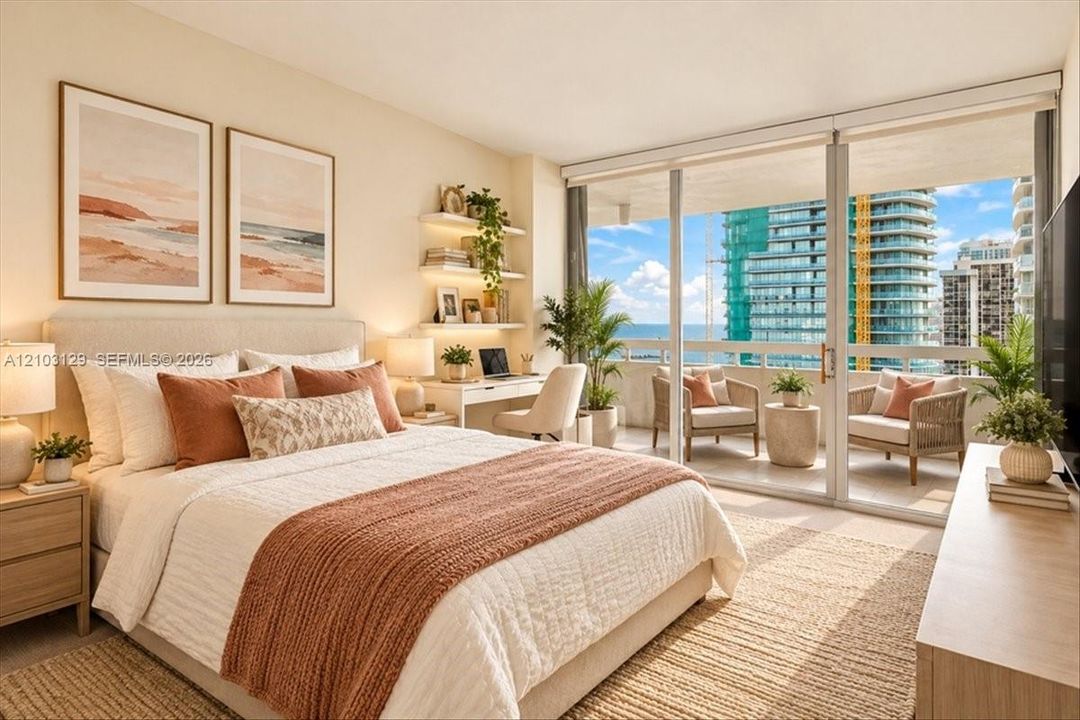 Floor-to-ceiling glass sliding doors, built-in shelving, and a private balcony