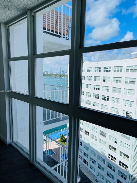 Floor-to-ceiling windows with white metal frames, dark wood-finish flooring, and exterior railings