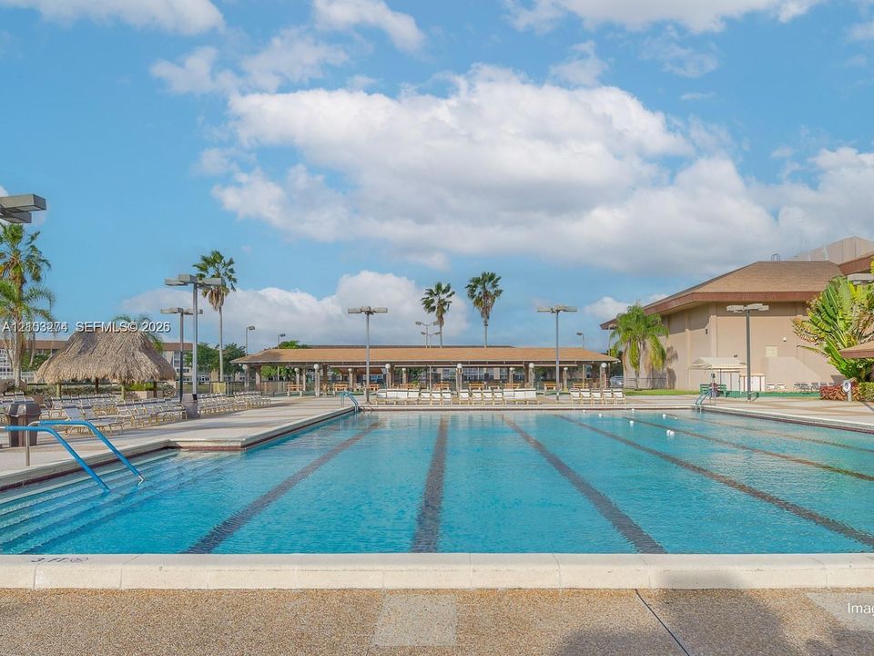 Lap pool featuring a concrete deck, integrated entry steps, a thatched-roof cabana, and a covered pavilion structure