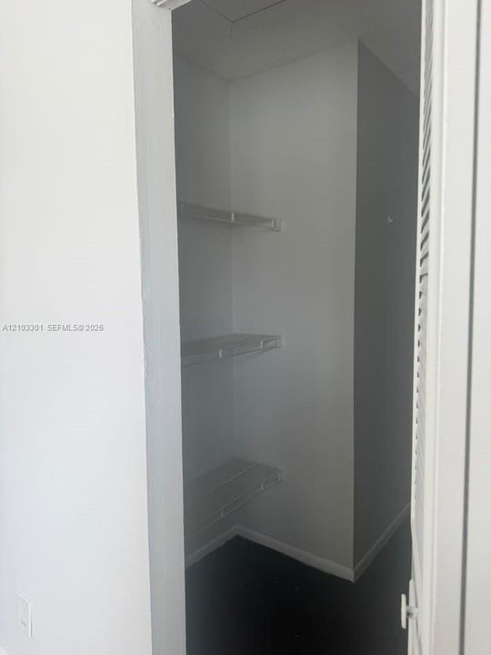 Built-in storage closet featuring wire shelving and a louvered door