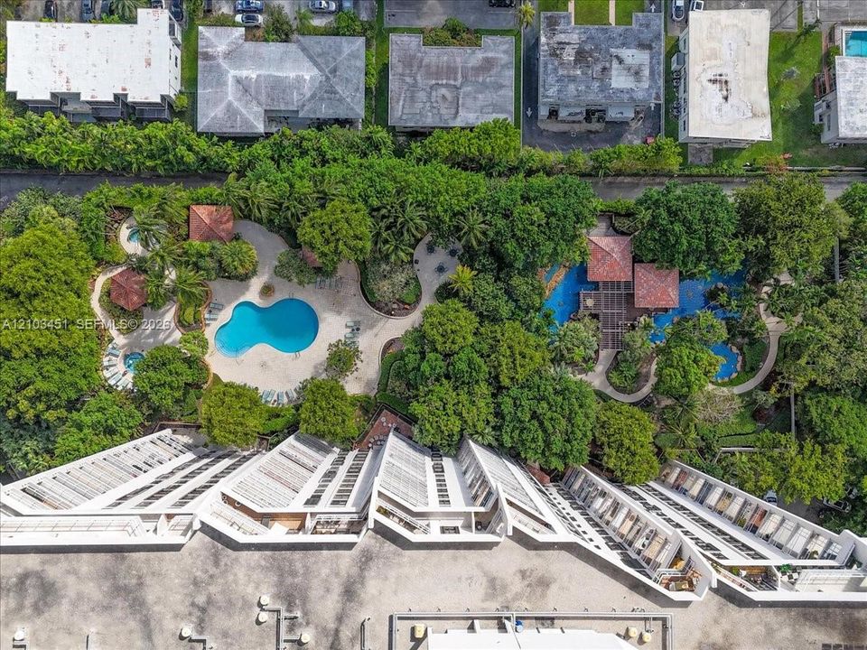Experience the breathtaking south side aerial view! Marvel at the stunning waterfalls on the left, while the inviting barbecue area awaits on the right. Don't miss out on the expansive third-floor pool area—perfect for relaxation and recreation!