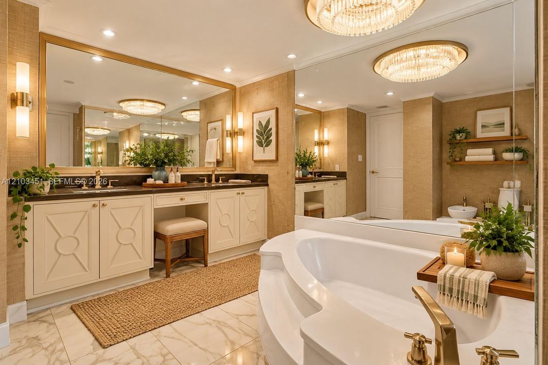 Staged primary bathroom with stall shower