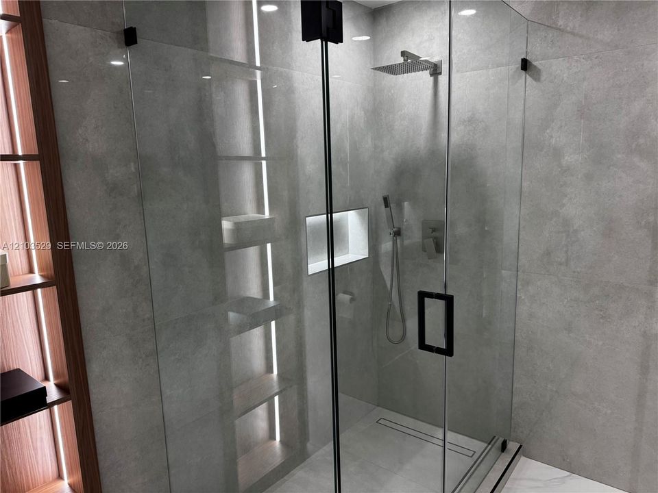 Walk-in shower featuring large-format grey tile, frameless glass enclosure, built-in recessed shelving with integrated lighting, rainfall showerhead, and handheld sprayer