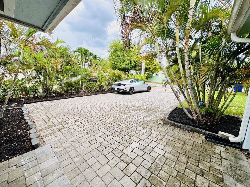 Paver driveway featuring stone-finished hardscaping, manicured garden beds with dark mulch, and established palm trees