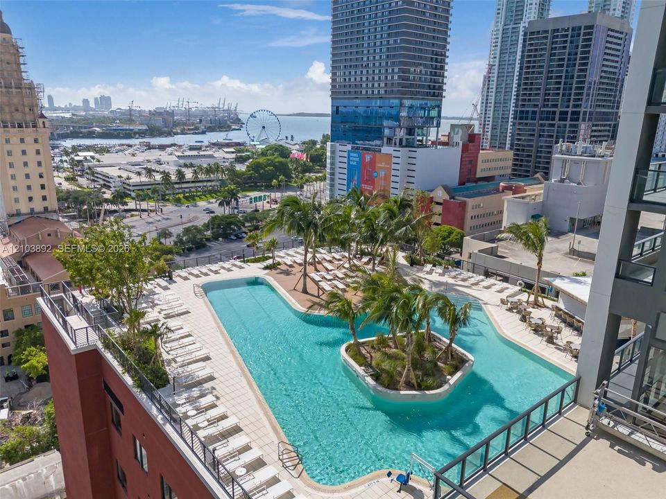 Rooftop pool featuring an island with palm trees, paved deck, and metal railings