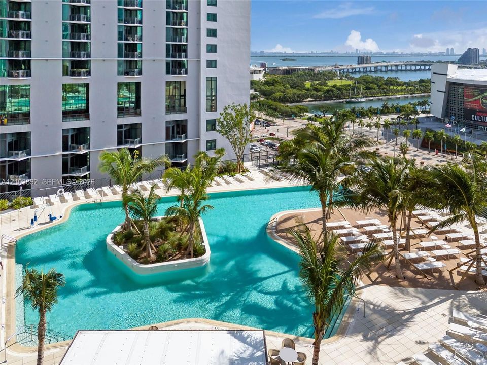 Resort-style pool featuring an integrated island, palm tree landscaping, paved sun deck, and tall building exterior with private balconies