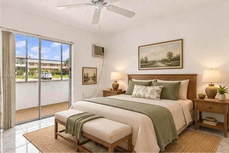 Sliding glass door, tile flooring, ceiling fan, and wall-mounted air conditioning unit