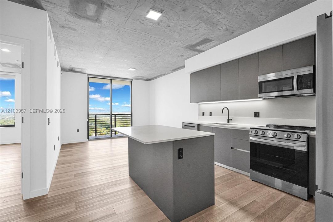 Modern kitchen featuring stainless steel appliances, matte gray cabinetry, and light-toned countertops