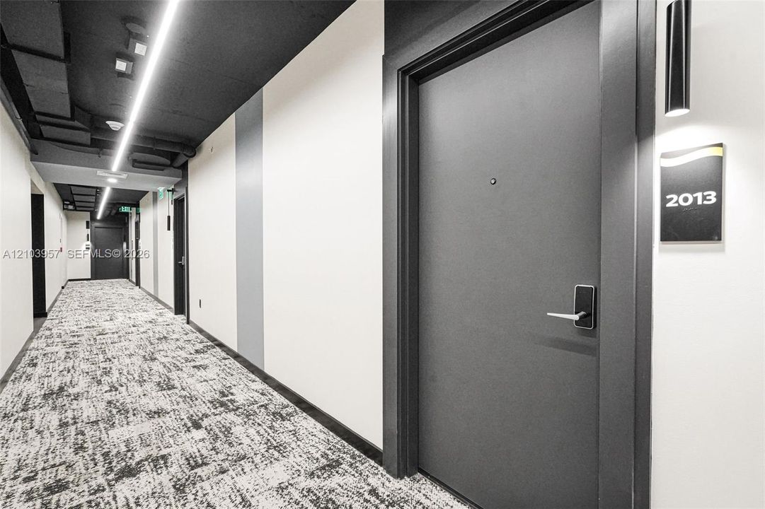 Modern hallway featuring patterned carpet flooring, white walls, and a dark ceiling with linear lighting fixtures