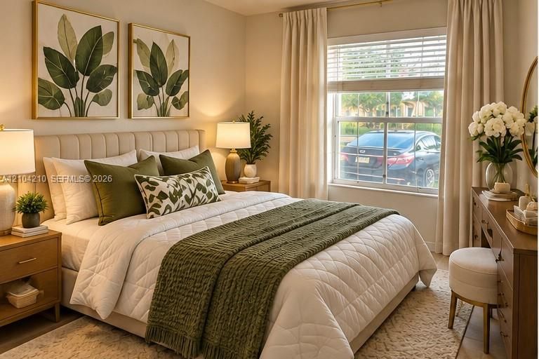 Window with horizontal blinds and full-length drapes