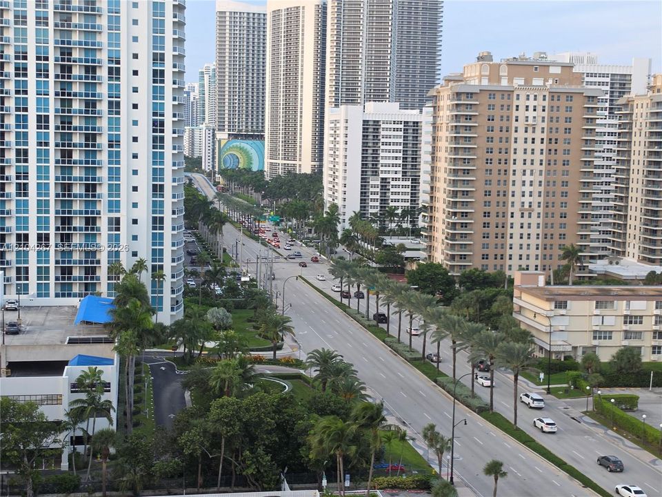 Urban setting featuring high-rise buildings, multi-lane thoroughfare, and mature palm tree landscaping
