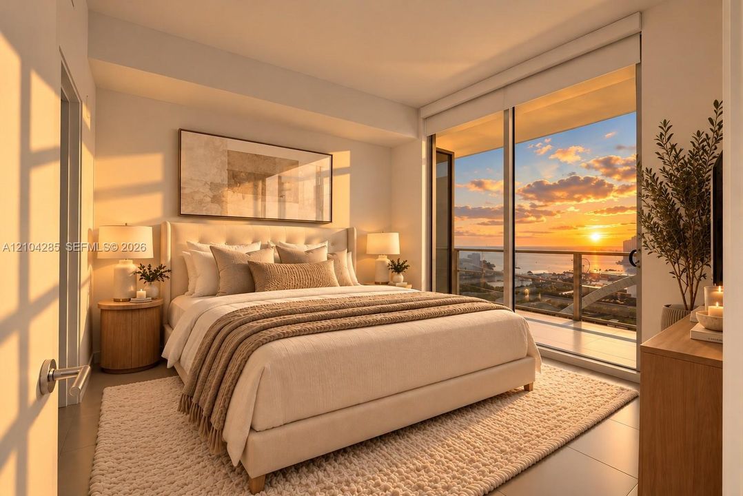 Full-height glass sliding doors, a recessed ceiling, a wood-finish nightstand, and a matching wood-finish dresser