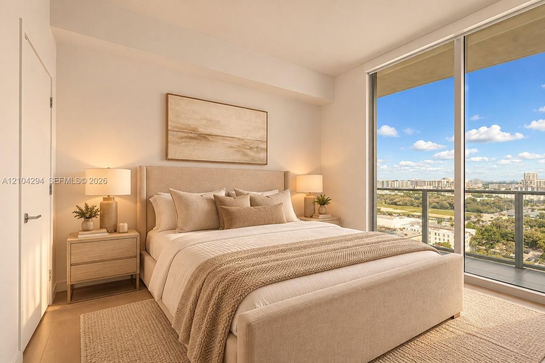 Floor-to-ceiling glass sliding doors, private balcony with glass railing, light wood-finish flooring, recessed lighting, and a modern interior door