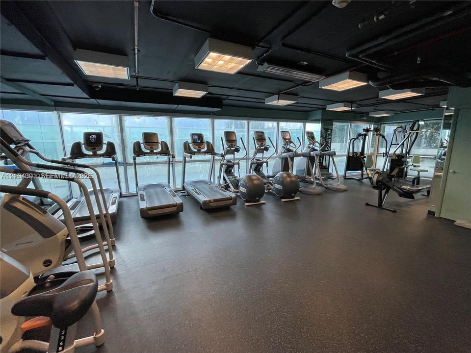 Fitness center featuring expansive floor-to-ceiling windows, industrial-style exposed ceiling, and specialized rubberized flooring